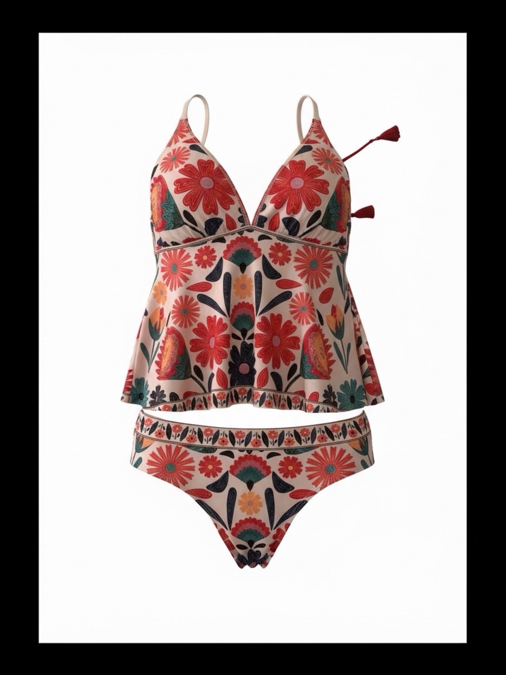 Floral Printed Two-Piece Swim Set in Cream and Red